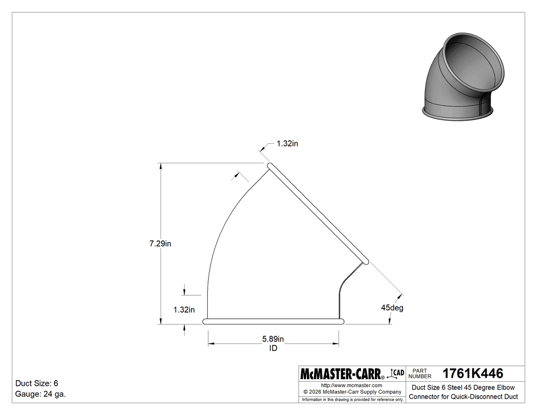 Technical Drawing of Duct Size 6 Steel 45 Degree Elbow Connector for Quick-Disconnect Duct.